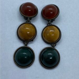 Vintage Multicolor Triple Round Lucite Drop Clip On Earrings
